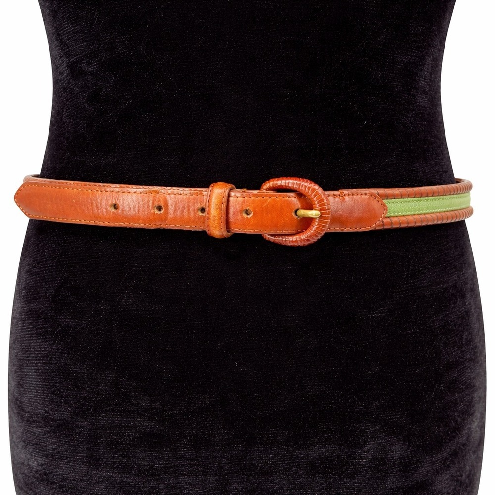 Talbots Womens Green Cotton Fabric Genuine Brown Braided Leather Belt Size Large